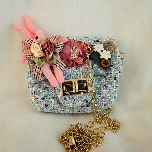 Chic Blue Tweed Floral Crossbody Bag - Picture 2 of 6
